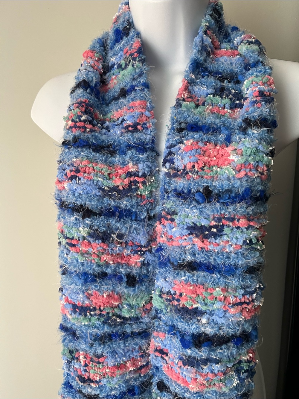 Hand Crafted Multicolor Blue-Pink Textured Knit Scarf